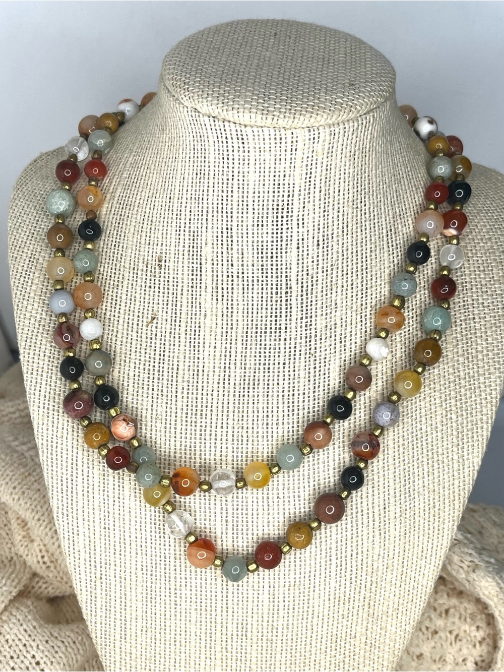 VTG 32” Multi Gemstone “Beggar’s” Necklace Gold Tone Spacers & Barrel Clasp